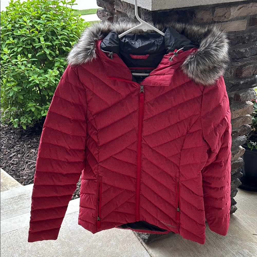 Eddie Bauer Red Puffer Jacket with Faux Fur Trim